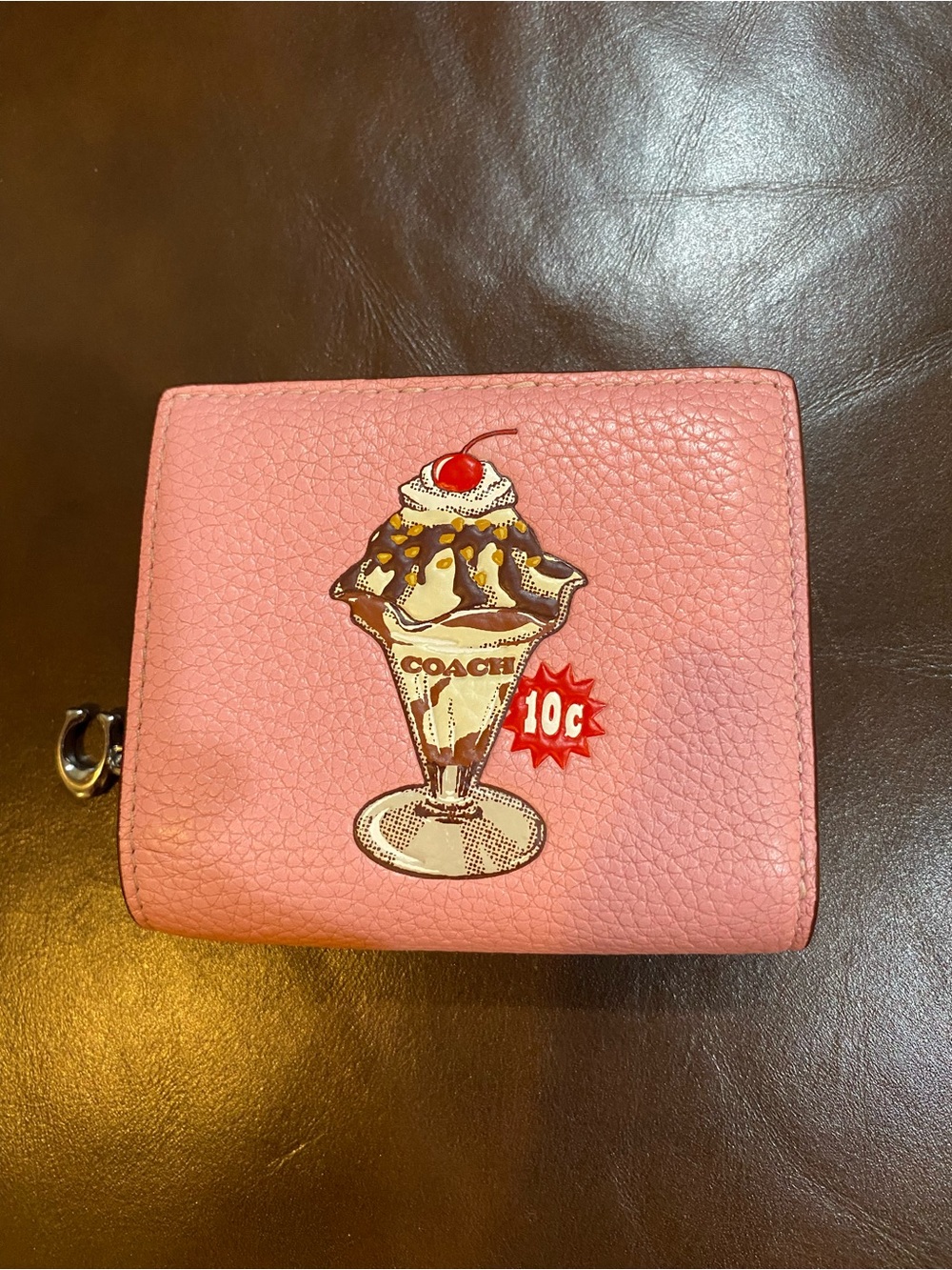 Coach Cherry BlossomPink Pebble Leather Zip Card Wallet with Sundae Graphic EUC